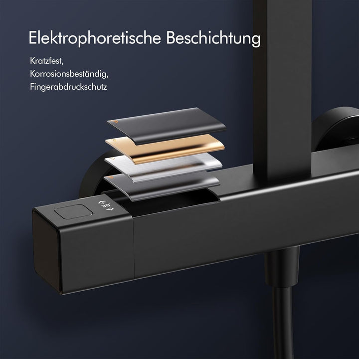 HOMELODY Duschsystem mit Thermostat & Duschablage Schwarz - Duscharmatur Komplettset mit Handbrause