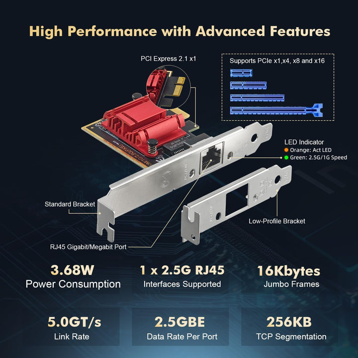 Binardat 2.5G PCIe Netzwerk Adapter, RTL8125B 2500/1000/100Mbps Ethernet Karte RJ45 LAN Controller U