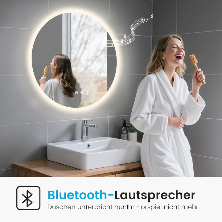 Heilmetz Bluetooth Badspiegel mit Beleuchtung Rund 60cm, LED Badezimmerspiegel mit Licht, Uhr, Antib