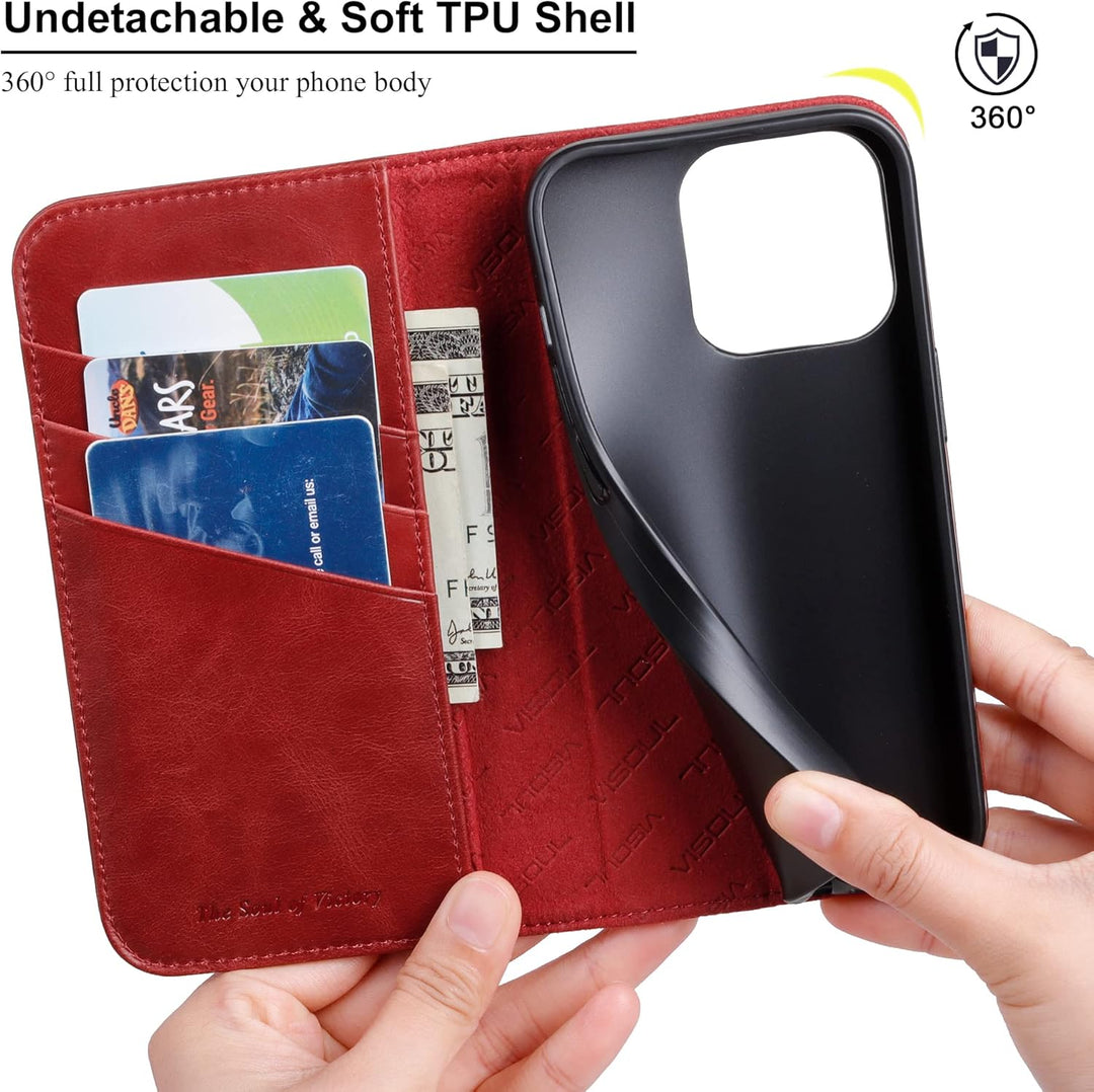 VISOUL Hülle für iPhone 14 Pro Handyhülle [Echtleder] [3 Kartenfächer] [Magnet] [Standfunktion], TPU