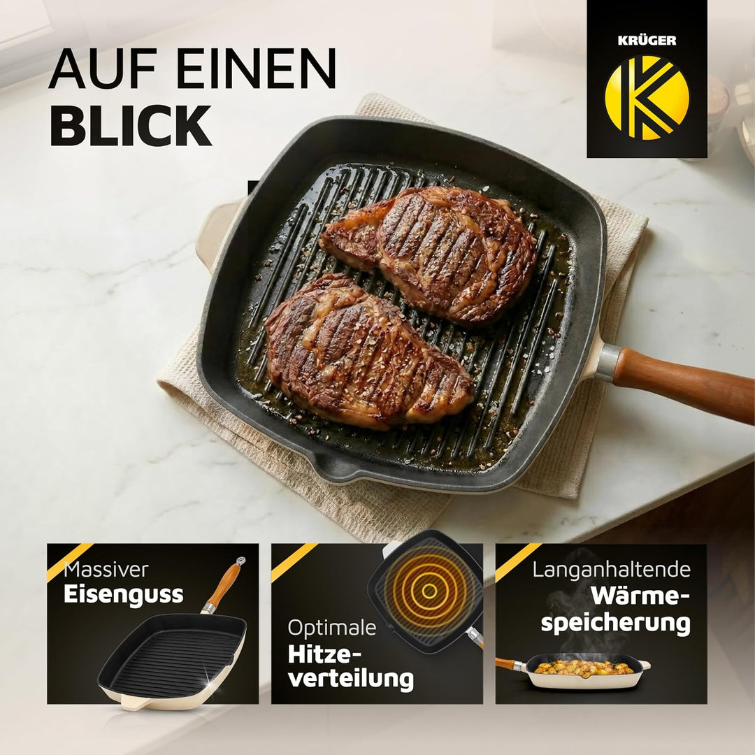 KRÜGER Gusseisen-Grillpfanne mit Holzgriff - 28 x 28 cm - emailliert - hohe Hitzebeständigkeit und l