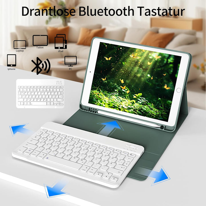 Hülle mit Tastatur für iPad 9./8./7. Generation 10,2 Zoll 2021/2020/2019, Abnehmbare kabellose Keybo