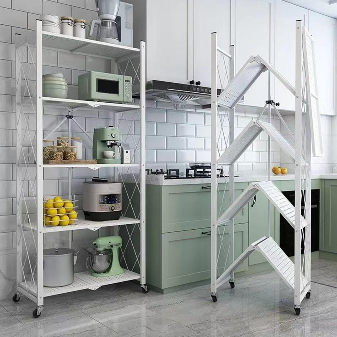 Klappbar Servierwagen mit 4 Rollen, Rollwagen klappbar 3/4/5 Etage Mobile Storage Folding Trolley Mi