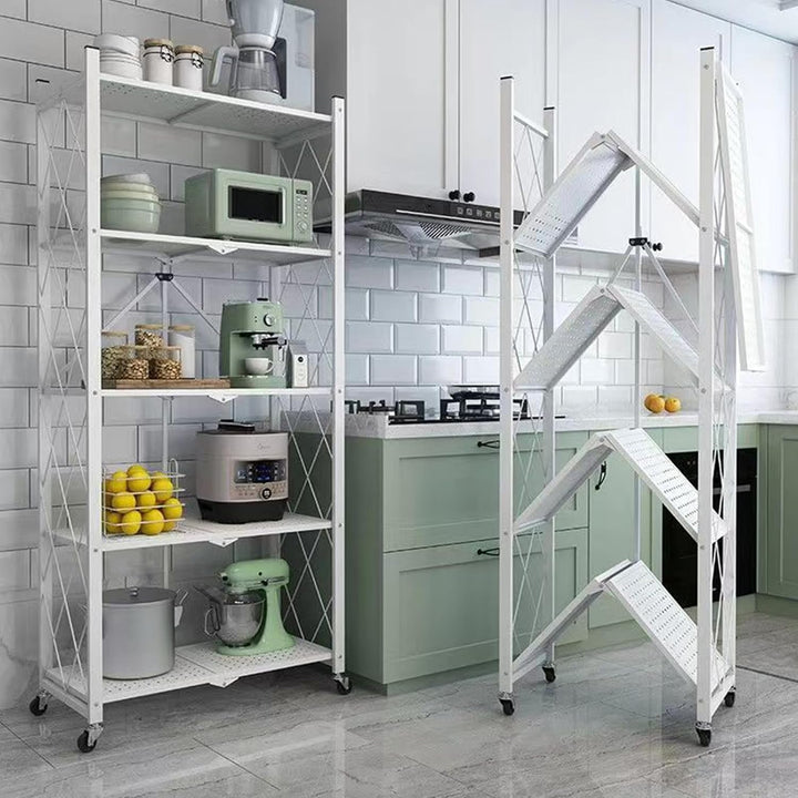 Klappbar Servierwagen mit 4 Rollen, Rollwagen klappbar 3/4/5 Etage Mobile Storage Folding Trolley Mi