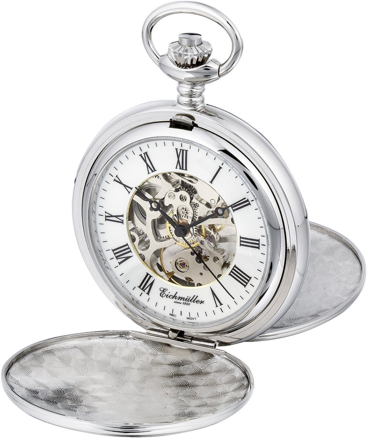Taschenuhr Doppeldeckel Skelett mechanisch mit Kette und Etui Silber, Silber