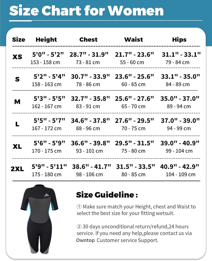 Owntop Neoprenanzug kurz Herren &amp; Damen, 3/2 mm Neopren Wetsuit für Tauchen, Surfen, Schwimmen und K