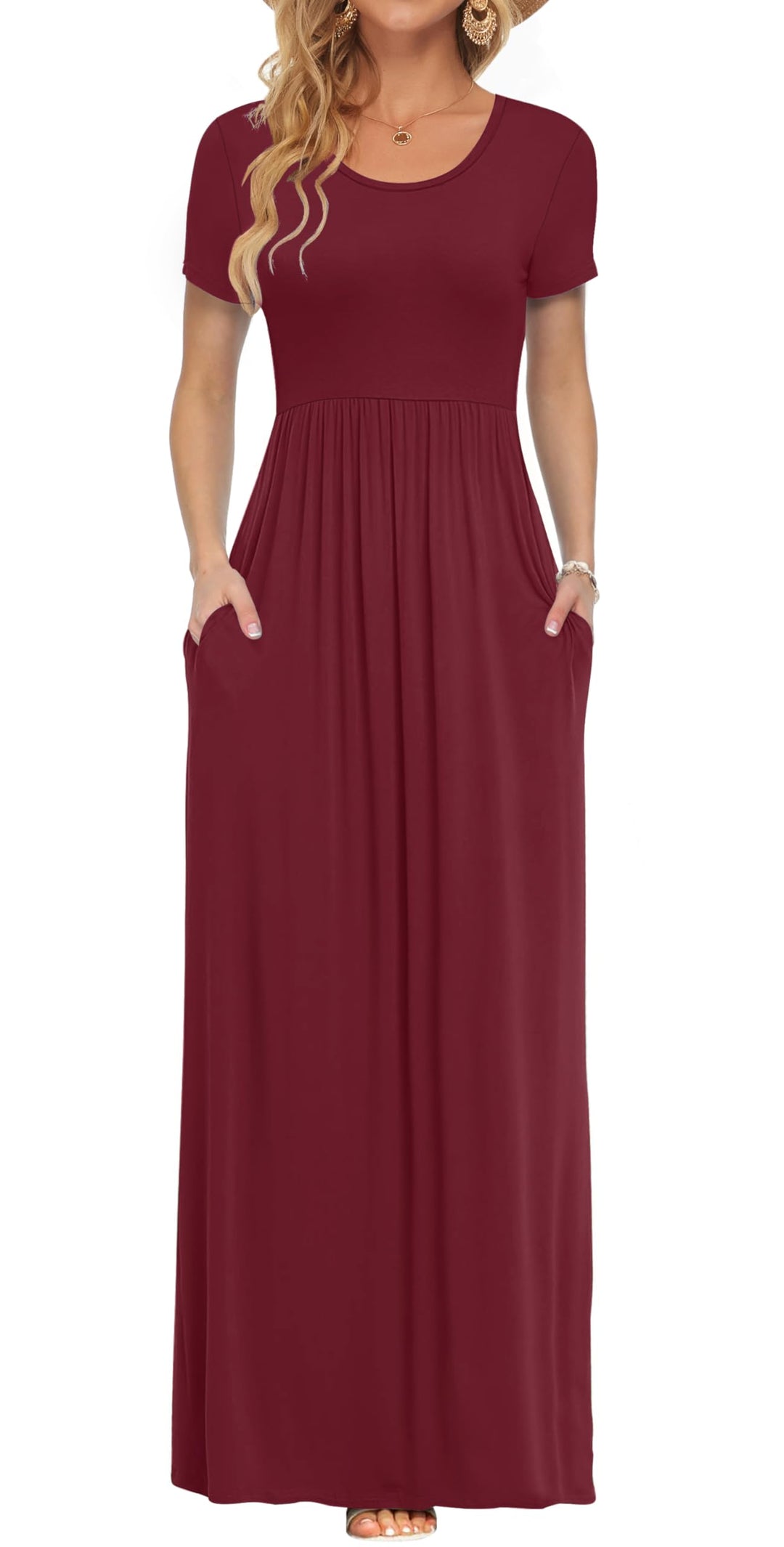 AUSELILY Damen Kurzarm Loose Casual Long Maxi Kleider mit Taschen Wein Rot XL, Wein Rot XL