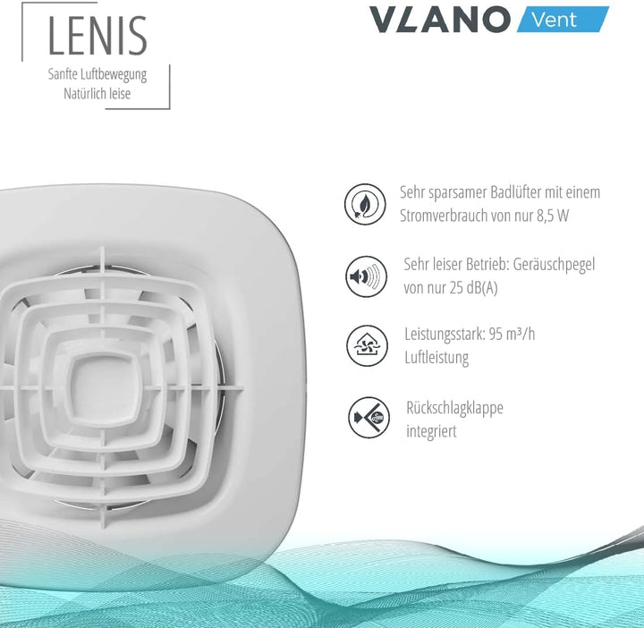 Vlano Abluftlüfter LENIS 100 Standard mit kurzem Flansch, Rückschlagventil, 100 mm, weiss, IP 45, 95