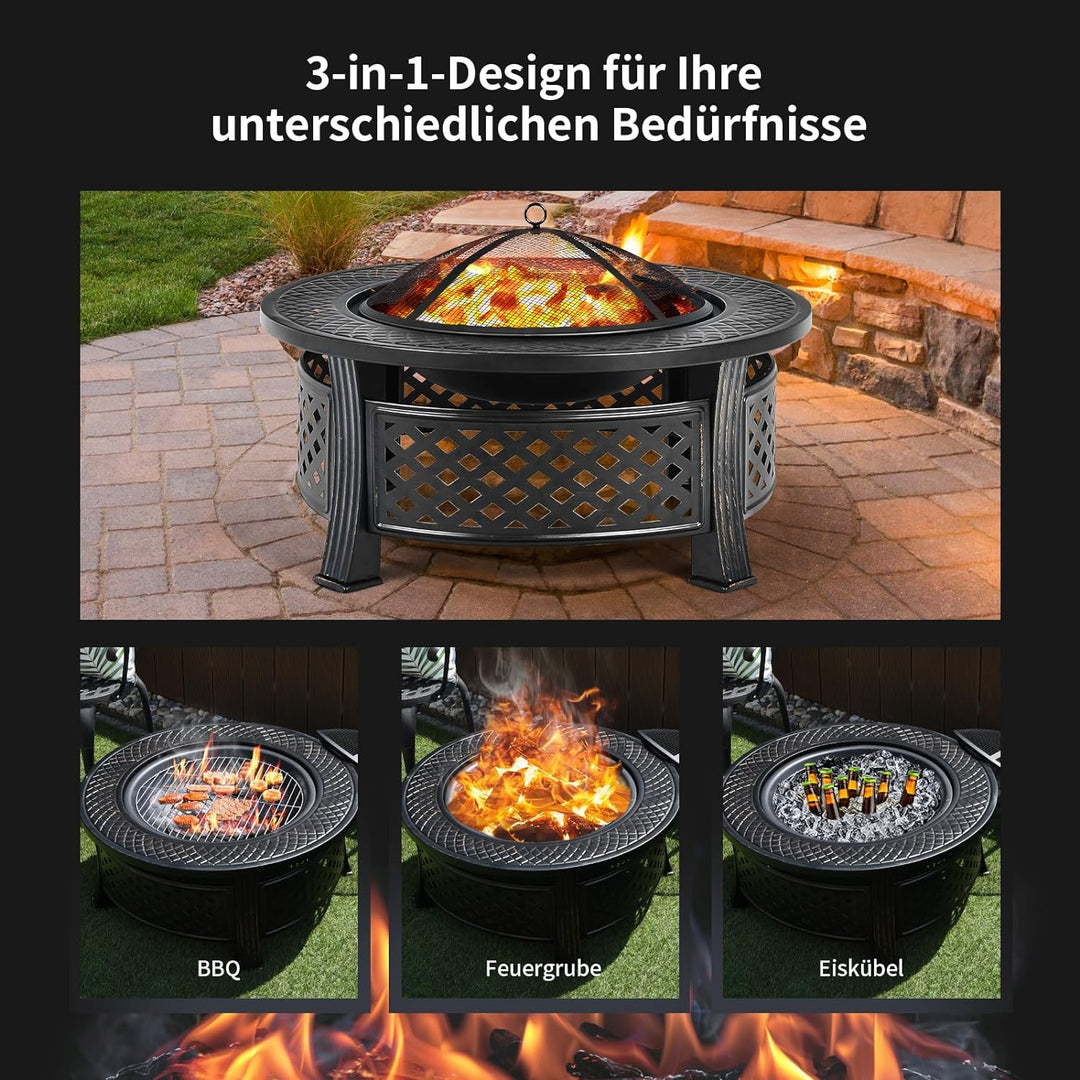 COSTWAY Feuerschale, Feuerstelle mit Grillrost, φ 81cm Feuerkorb mit Funkenschutz, Feuerschale für d