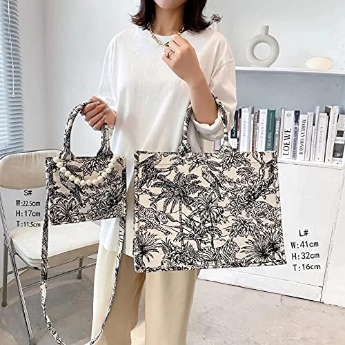 NCDUANSAN Grosse Kapazität Handtasche Leinen Baumwolle Blume Stickerei Retro Exquisite Doodle Mode E