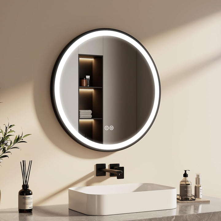 EMKE Runder Badspiegel LED Wandspiegel Durchmesser 70cm Badspiegel Schwarz Rund Touch-Schalter 3 Lic
