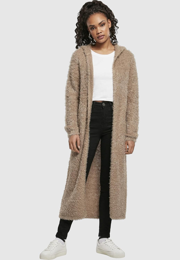 Urban Classics Damen Strickjacke Ladies Hooded Feather Cardigan, knielange Jacke für Frauen in 5 Far
