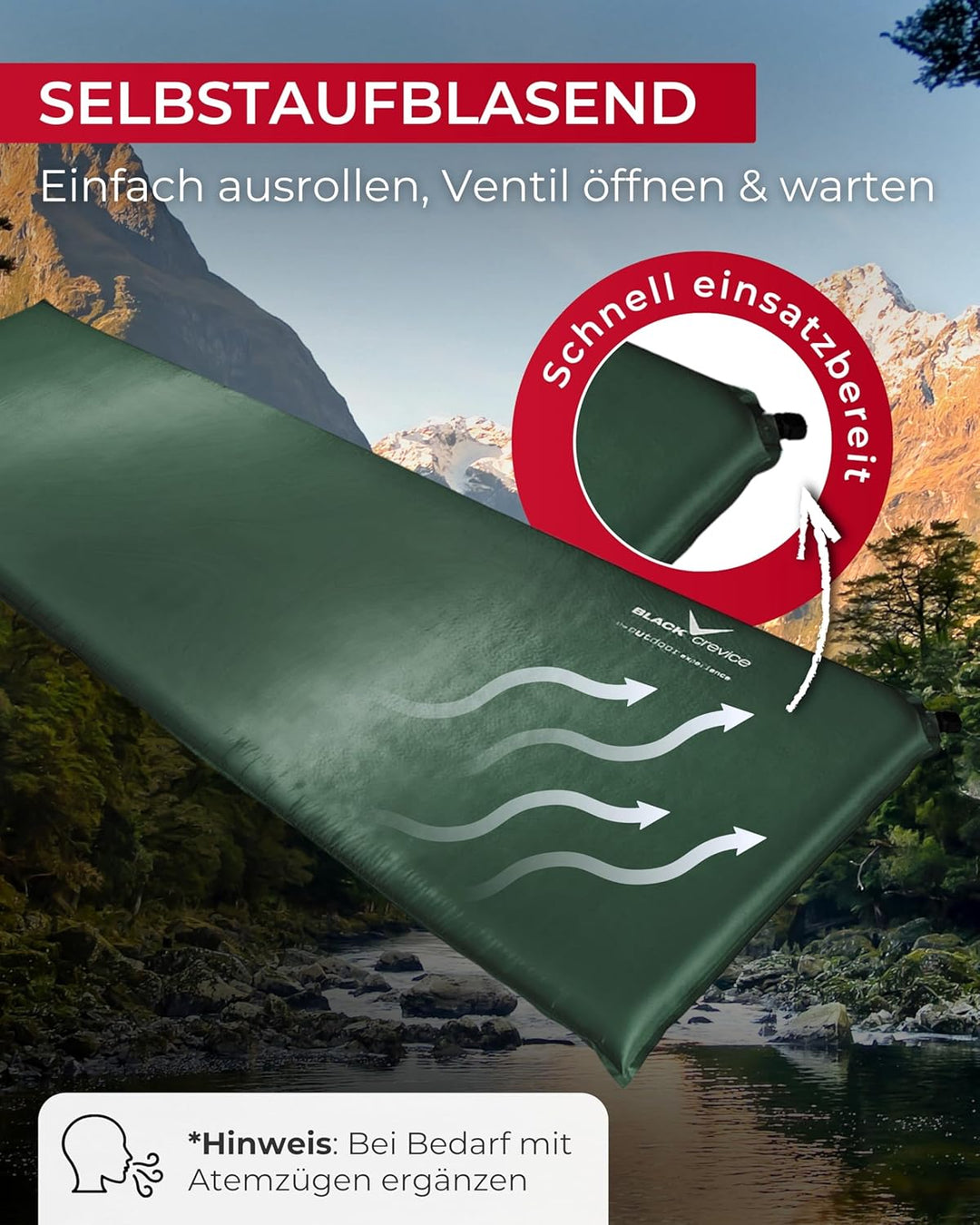 Black Crevice selbstaufblasbare Luftmatratze I Isomatte selbstaufblasend I Outdoor-Isomatte I aufbla
