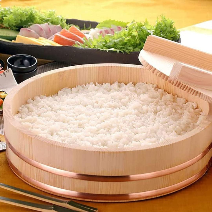 TIKUSAN Hangiri Sushi-Reis-Mischwanne aus Holz, Kupferband, hergestellt in Japan, aus Sawara-Zypress