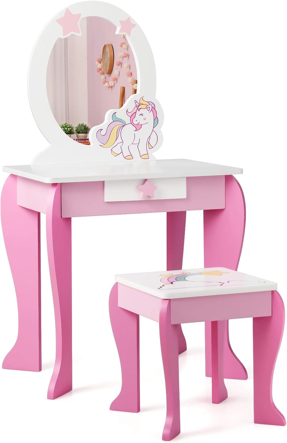 DREAMADE Kinder Schminktisch mit Hocker und Abnehmbarer Spiegel, Prinzessin Frisiertisch für Kinder,