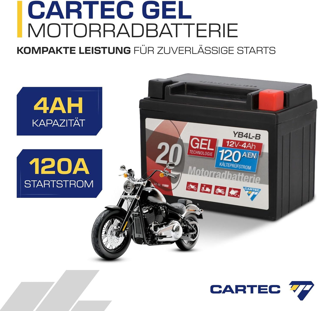 CARTEC Motorradbatterie YB4L-B, 4Ah 56A, Gel Technologie Motorrad-Starter-Batterie, Erstausrüsterqua