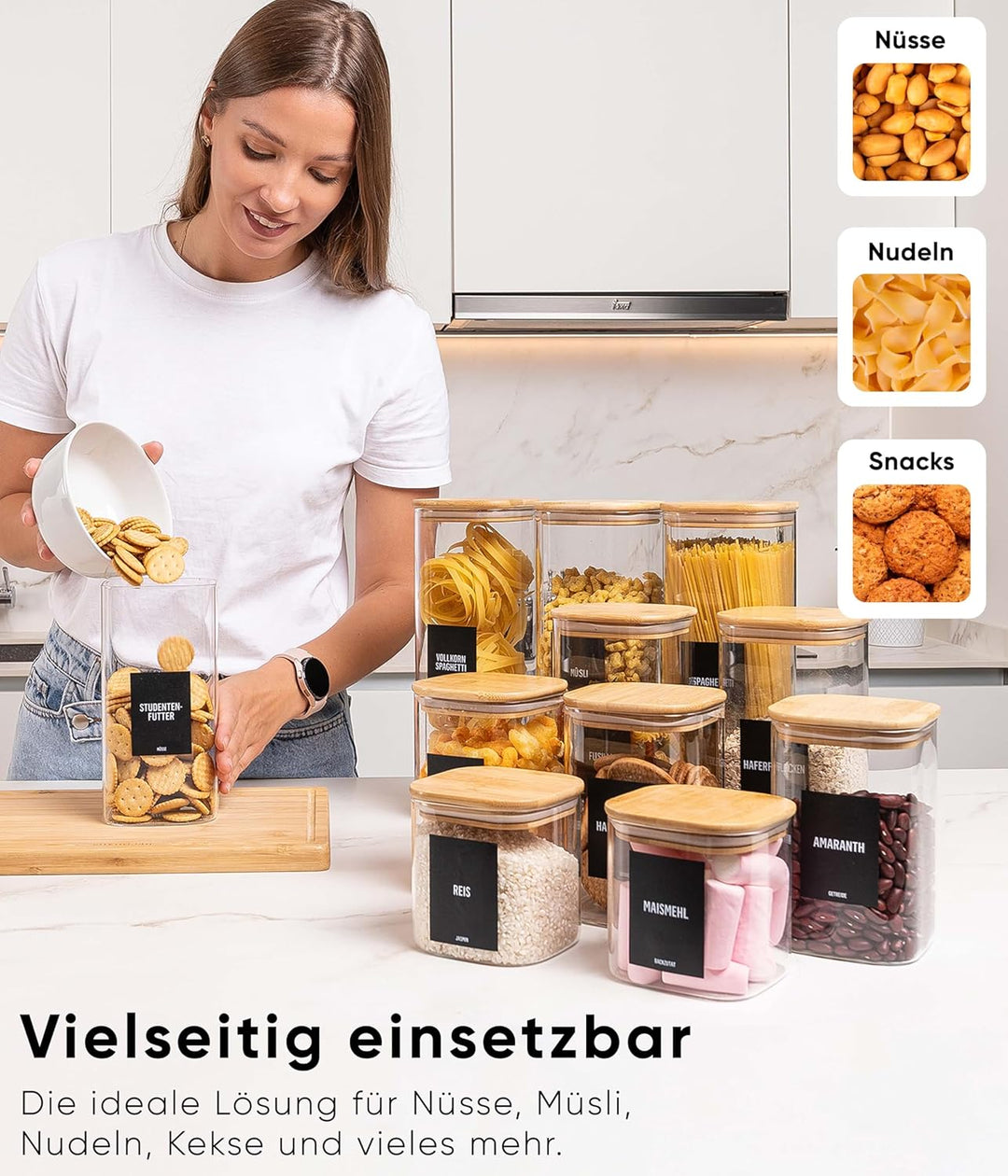 Deco haus® Vorratsgläser mit Deckel 4er Set + Etiketten [LUFTDICHT] - Für Müsli, Cornflakes, Spaghet