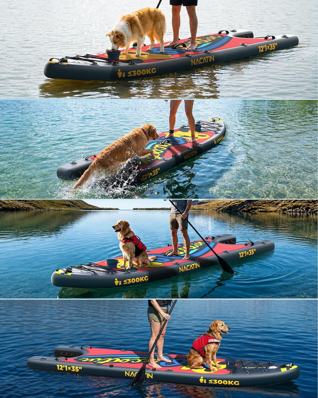 NACATIN 366cm (12ft) aufblasbares SUP Board mit Hunderampe, breites 91cm (36in) Stand Up Paddling Bo