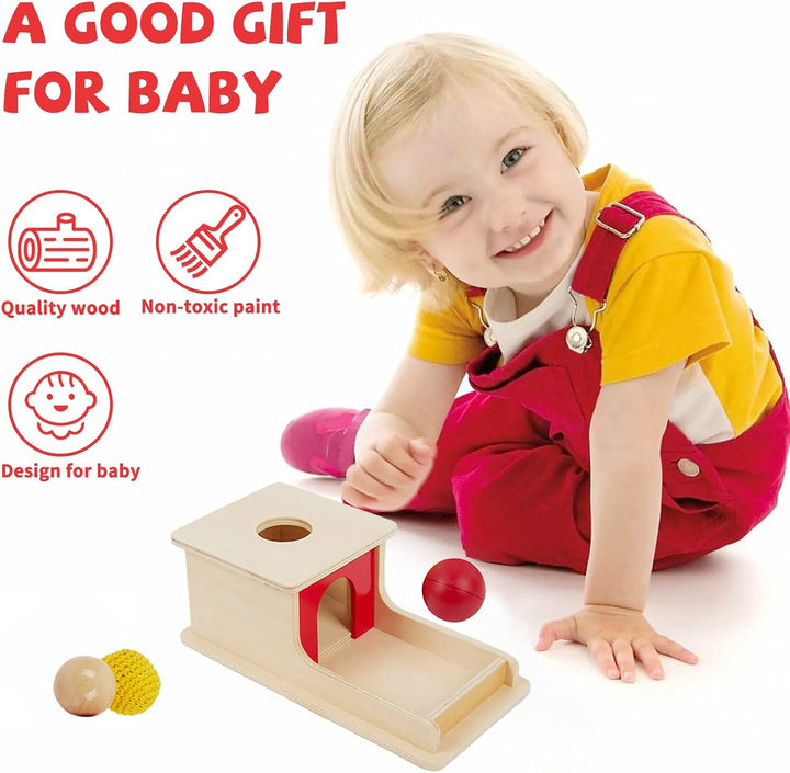 Adena Montessori Full Size Object Permanence Box mit Tablett DREI Bälle (Holz, Kunststoff, gestrickt