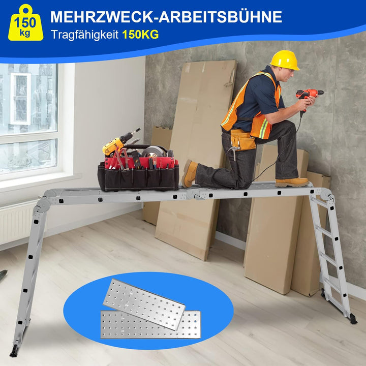 4x4 Mehrzweckleiter Aluminium, 470 cm Multifunktionsleiter Klappleiter mit 2 Plattform und 2 Räder,