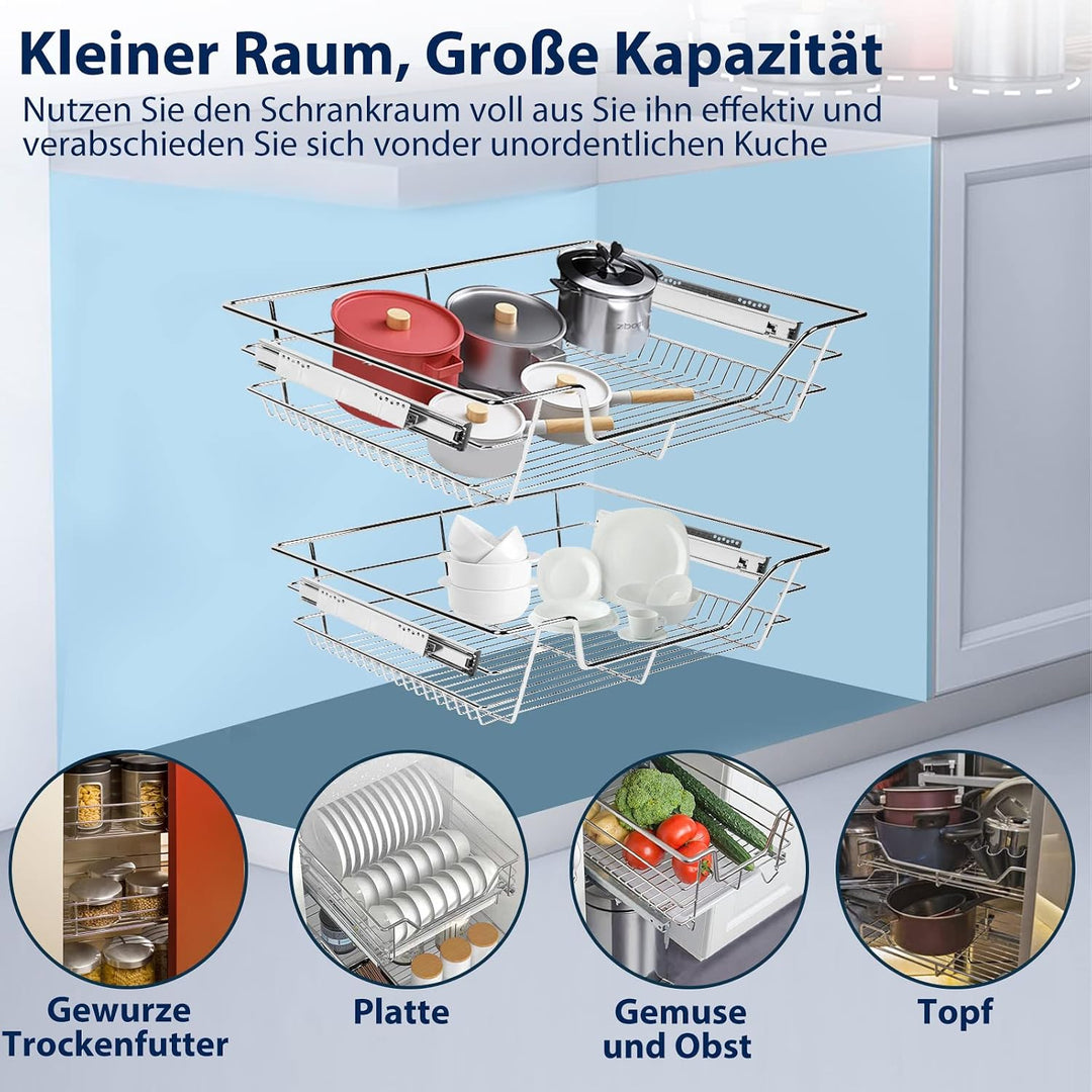 2x Küchenschublade 60cm Teleskopschublade 25kg Belastbar Korbauszug Küchen Regal Teleskopschublade a