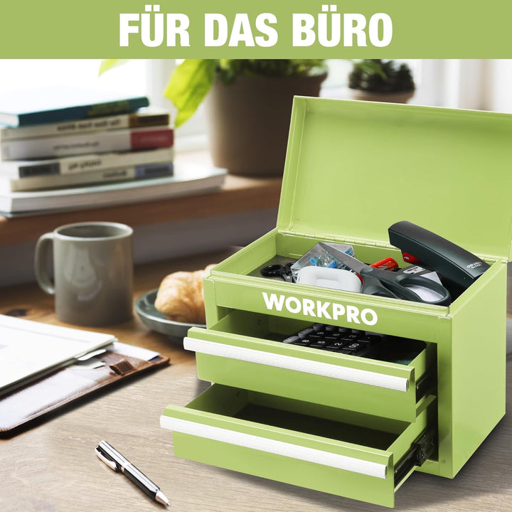 WORKPRO Metall Schubladenbox mit 2 Schubladen & Oberer Stauraum Avocadogrün, 27,5x15x20,8cm Tisch Or
