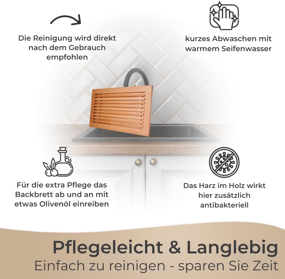 Brotschneidebrett Made in EU mit Krümelgitter & Griffmulden aus Buchenholz geölt - 40x25 cm, Schneid