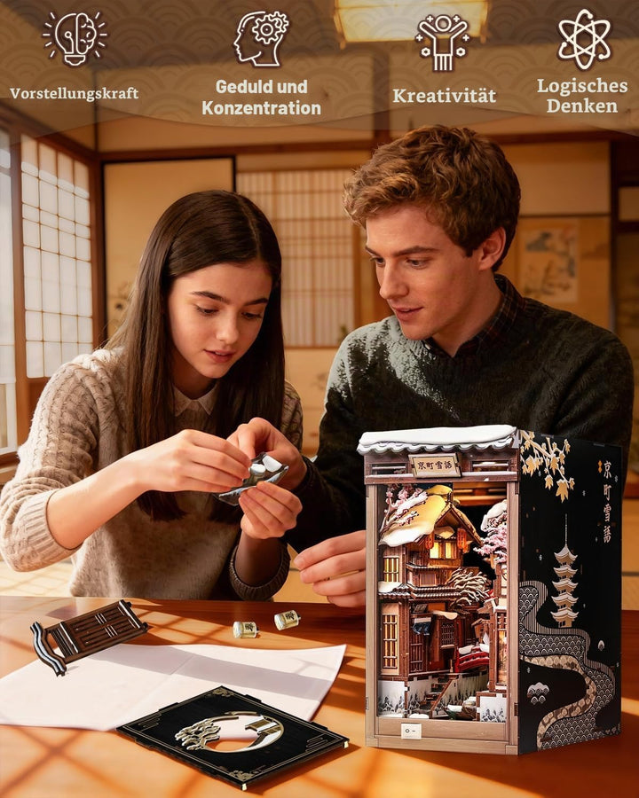 CUTEBEE Book Nook Kit - Japanischer Stil DIY Miniatur-Winterhaus, LED-beleuchtetes Buchregal-Deko Ga