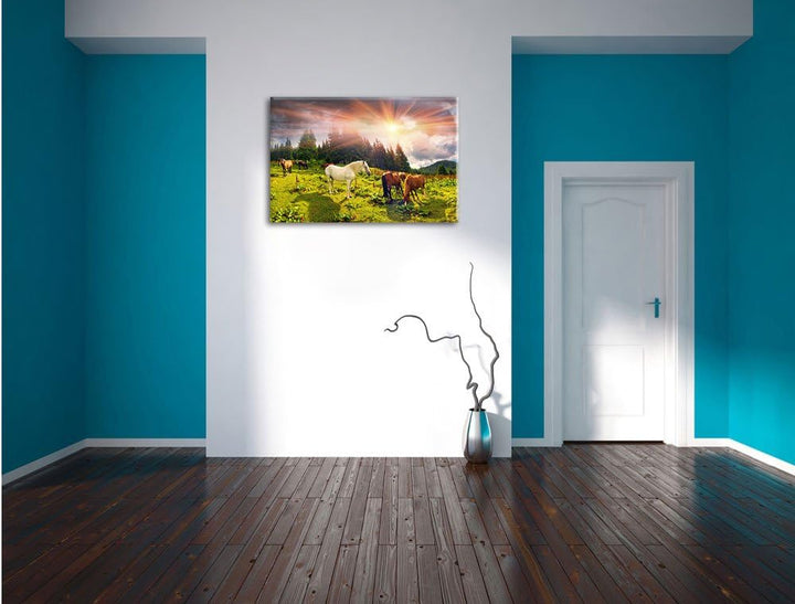 Pixxprint Mustangs Pferde auf den Bergen als Leinwandbild/Grösse: 100x70 cm/Wandbild/Kunstdruck/fert