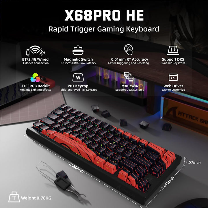 ATTACK SHARK 3-in-1 Kabellose X68PRO HE-Tastatur&X11-Gaming-Maus&Spiral-C01PRO-Kombination,BT/2,4G/W