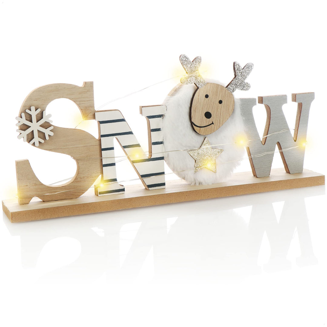 com-four® LED Deko Aufsteller aus Holz - beleuchteter Schriftzug auf Holzsockel - Deko-Schriftzug zu