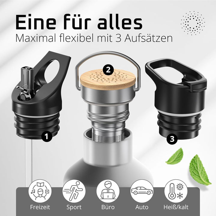 Trinkflasche Edelstahl ACTIVE FLASK + Strohhalm (3 Deckel) BPA-frei, Auslaufsicher, Kohlensäure geei