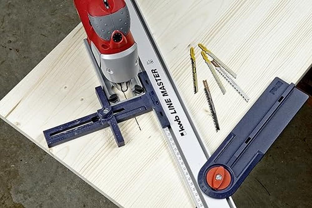 kwb LINE-MASTER Präzisionslineal 800 mm, Vorteils-Set mit Führungsschiene, Sägeführung, Winkelanschl