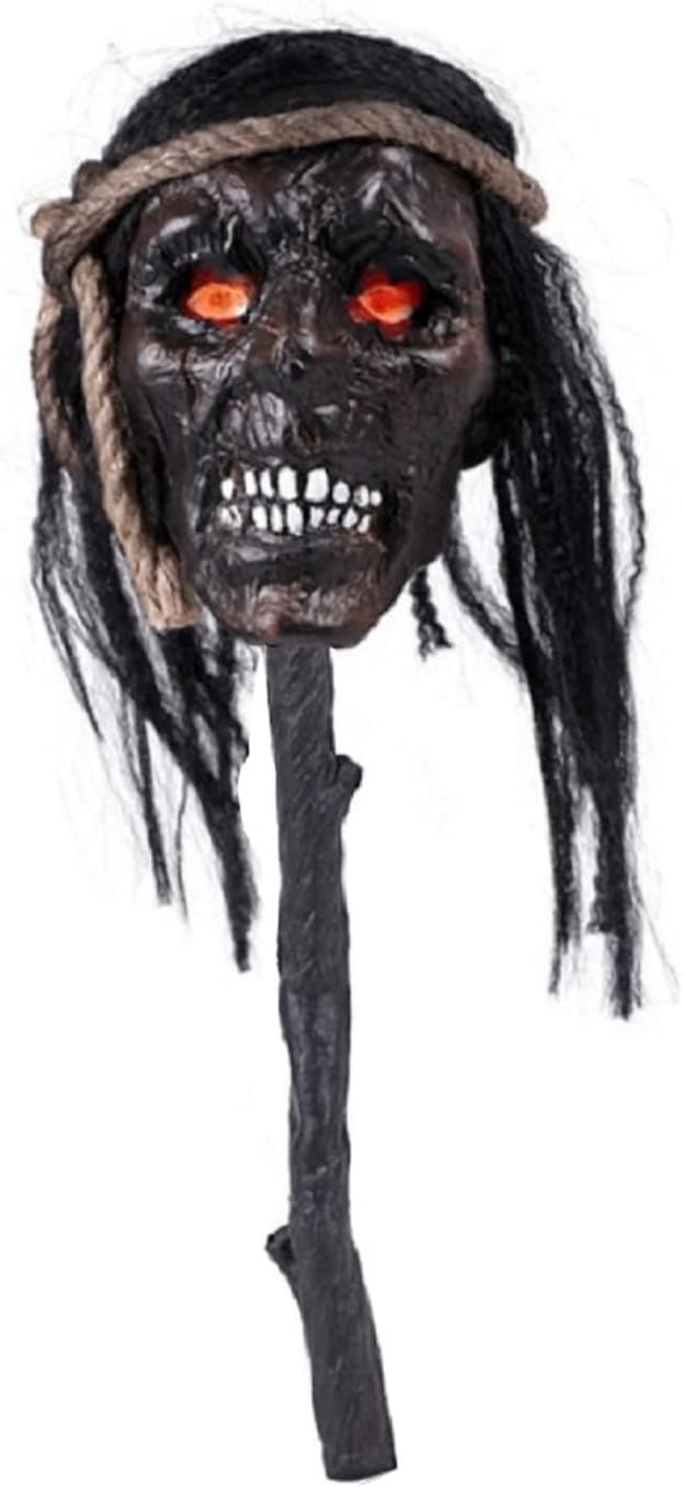 MIMIKRY Voodoo Zepter Grosser Schrumpfkopf mit Haaren und Leuchtaugen auf AST Trophäe Halloween Deko