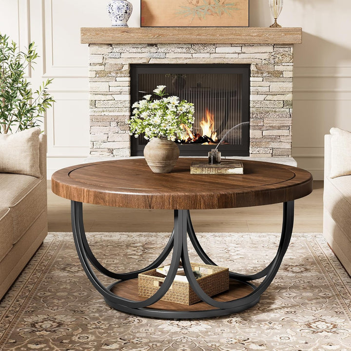 Tribesigns Runder Couchtisch, 80 cm Runder Holztisch, Bauernhaus Grosse Runde wohnzimmertisch mit 2-