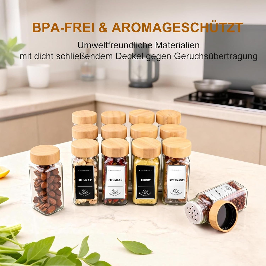 Gewürzgläser Eckig – 24er Set mit Bambusdeckel, Etiketten in Schwarz & Weiss (360 Stück) & Silikontr