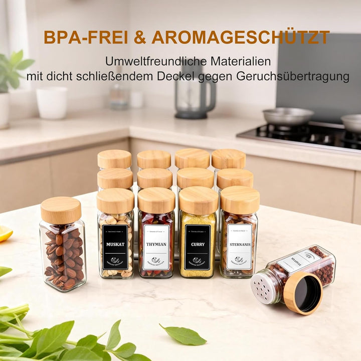 Gewürzgläser Eckig – 24er Set mit Bambusdeckel, Etiketten in Schwarz & Weiss (360 Stück) & Silikontr