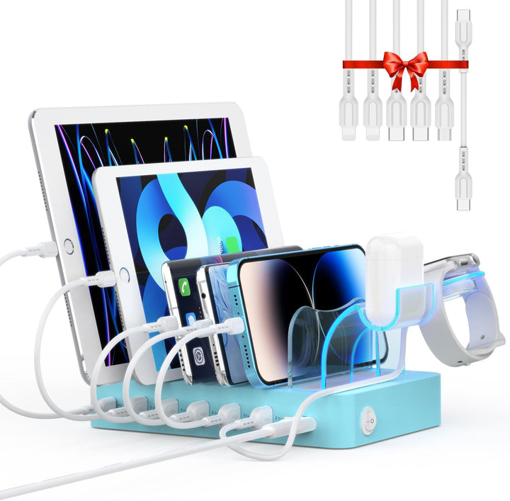 SooPii USB Ladestation 60W/12A,6-Port Dockingstation,Organizer für mehrfach Geräte with I Watch Hold