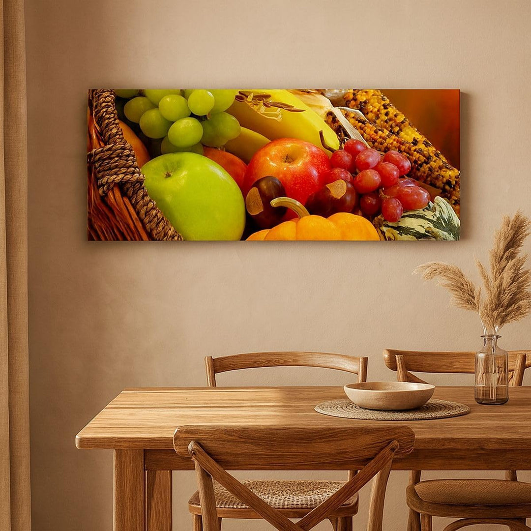 Wandbilder Dekoration Wohnzimmer Weidenkorb Obst Gemüse Panorama Bilder auf Leinwand 120x50cm Leinwa