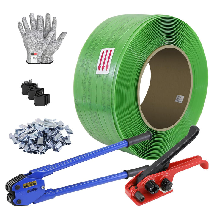 Gurtbandverpackungsset mit 12mm x 1000m grünem Polyester (PET)-Band, 200 Metallverschlüssen, Spannge