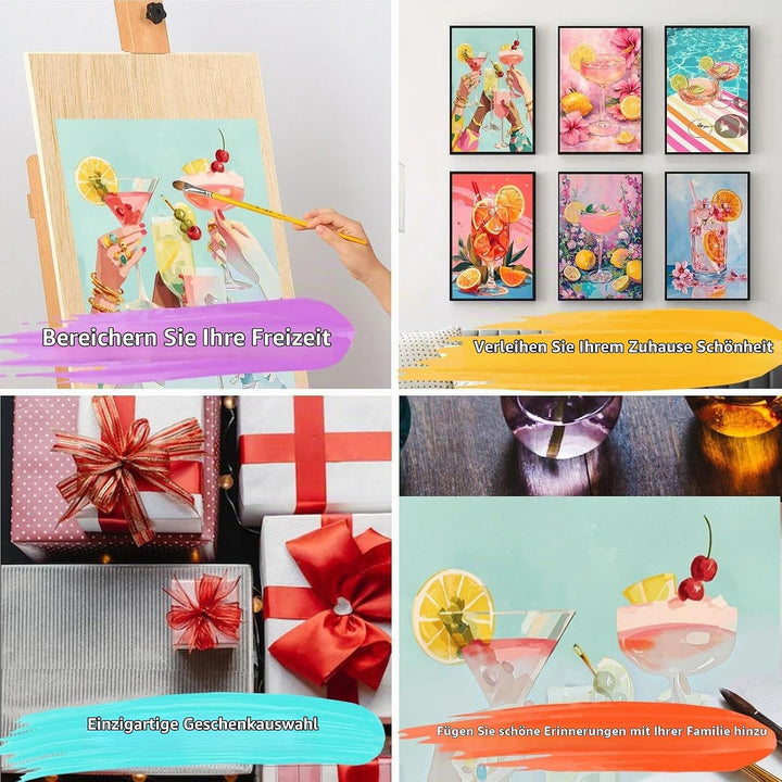 JATOK 6 Stück Malen Nach Zahlen Erwachsene, DIY Fruchtwein Party Cocktail für Anfänger, Handgemalt Ö