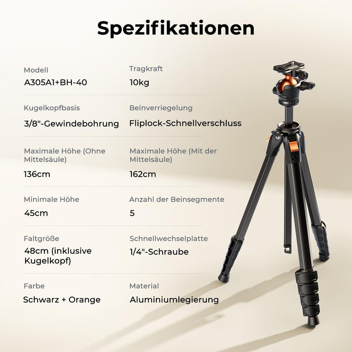 K&F CONCEPT Kamera Stativ Handy Stativ,162cm Kamerastativ, Tripod für unterwegs, Stativ für Smartpho