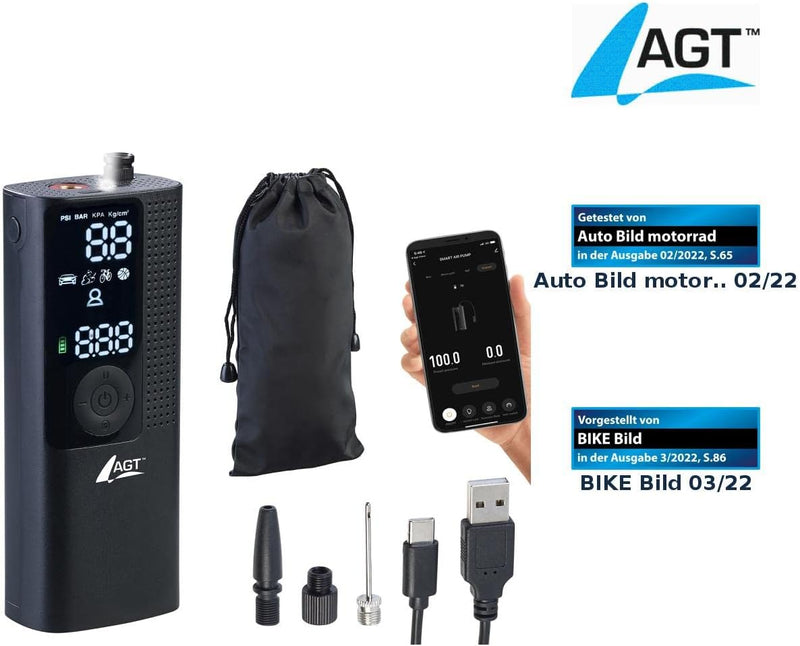 AGT Akku Kompressor: Smarte Akku-Luftpumpe mit OLED-Display; bis 120 psi; Bluetooth und App (Auto Lu