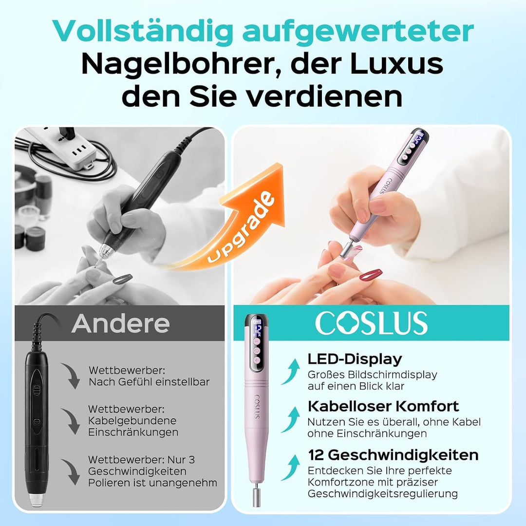 COSLUS C50 Nagelfräser Kabellose Elektrische Nagelfeile: 12-stufiger Nagelfräser mit LED-Display für