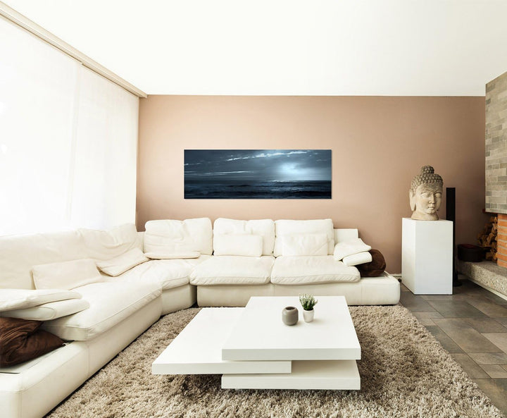 Paul Sinus Art Panoramabild auf Leinwand und Keilrahmen 150x50cm Meer Schiff Wolken Nacht Mondlicht