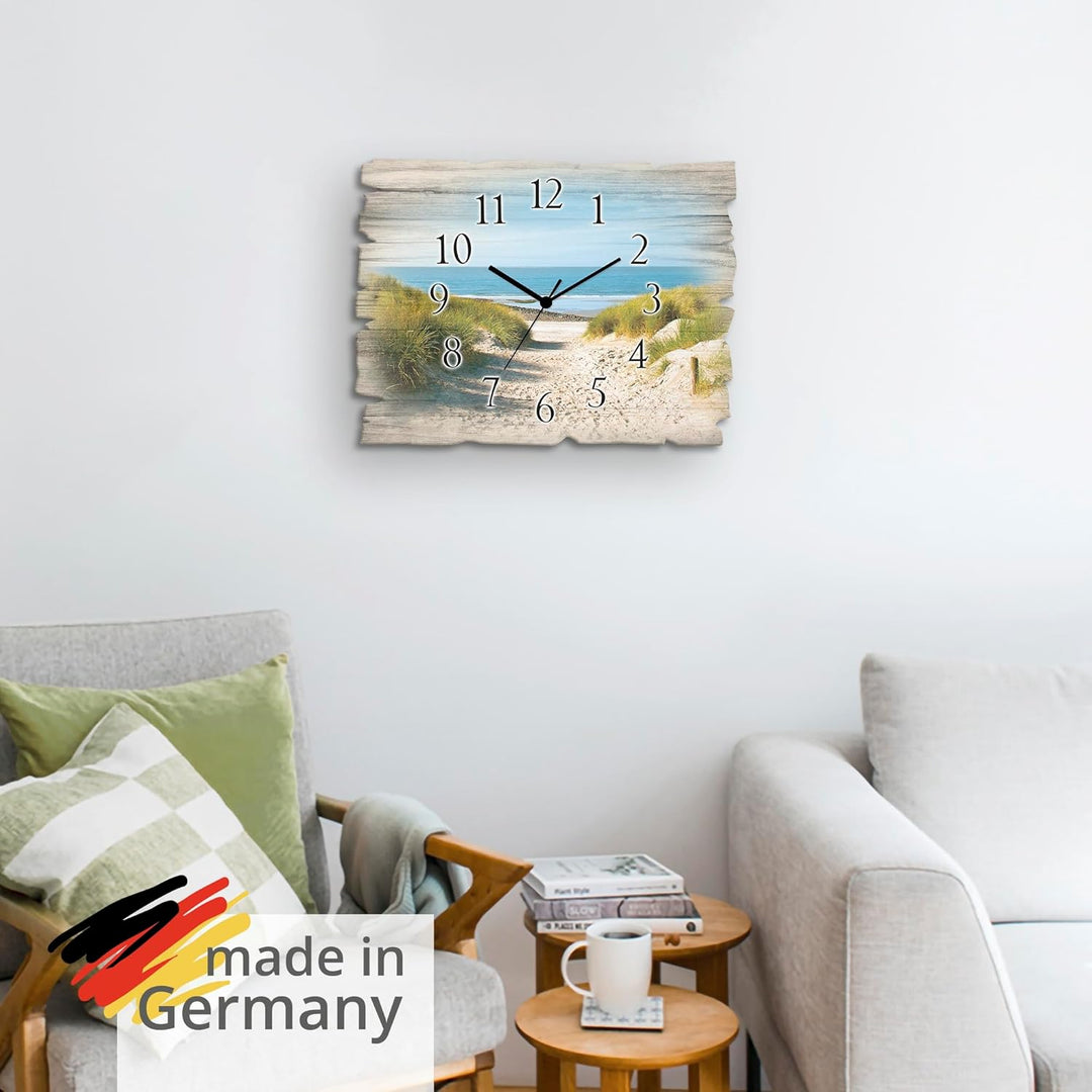 ARTLAND Wanduhr ohne Tickgeräusche aus Holz Quarzuhr 40x30 cm Rechteckig Lautlos Strand Meer Düne No