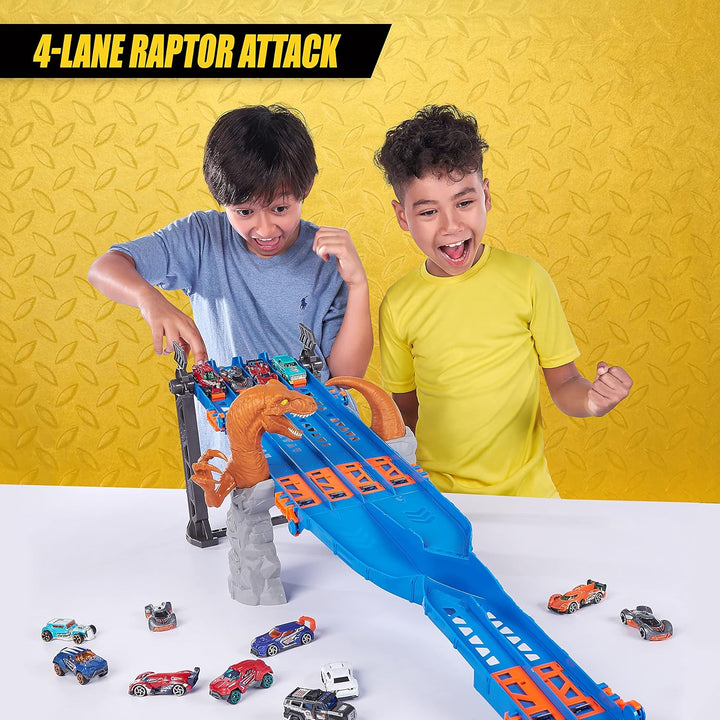 Metal Machines 4-Tracks Dinosaurier Raptor Attack Spielset mit Mini-Rennwagen