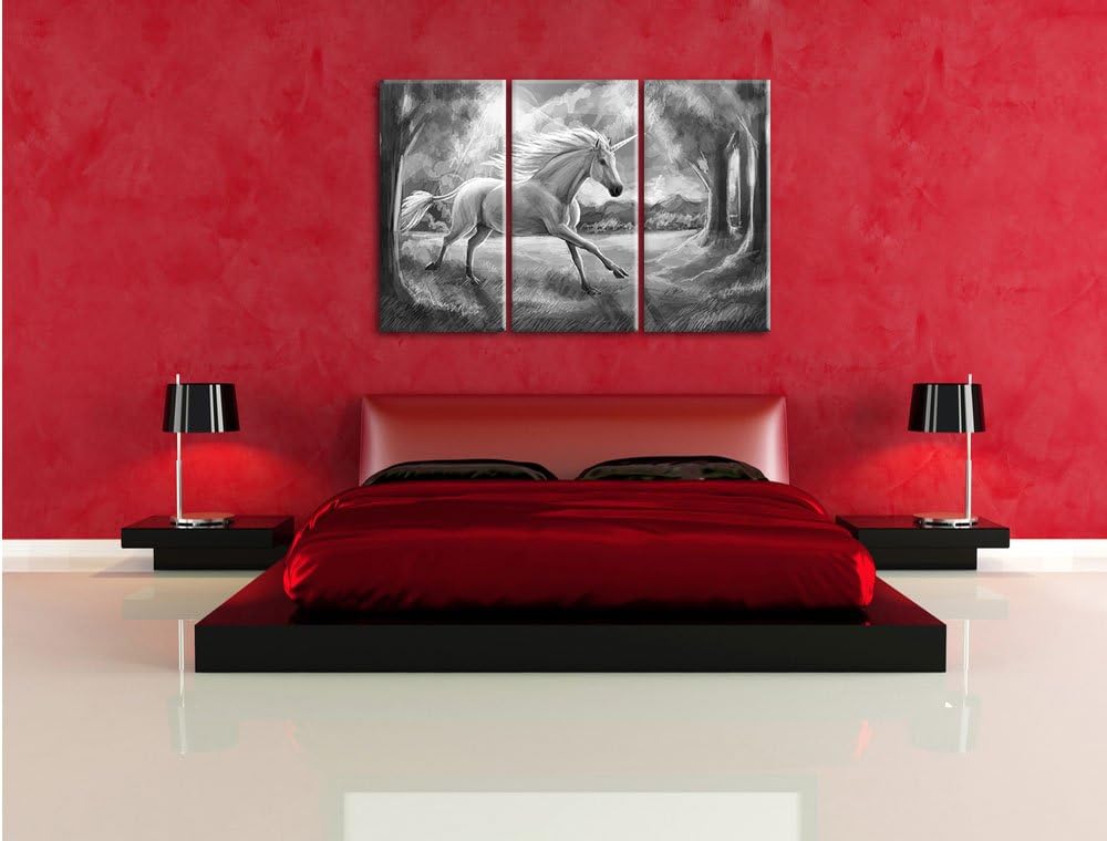 Pixxprint Einhorn im Wald bei Sonnenuntergang Kunst B&W 3-Teiler Leinwandbild 120x80 Bild auf Leinwa