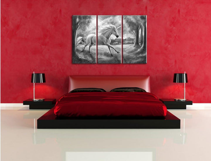 Pixxprint Einhorn im Wald bei Sonnenuntergang Kunst B&W 3-Teiler Leinwandbild 120x80 Bild auf Leinwa