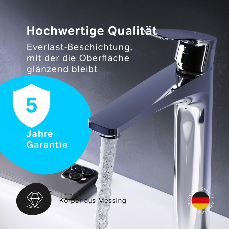 AM.PM GEM FGA92200 Wassersparende Waschtischarmatur Hoch, kratzfester Wasserhahn für Badezimmer, mit